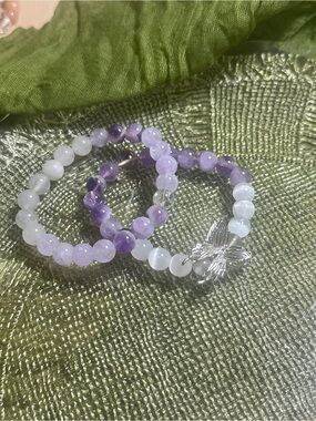 Handmade Amethyst & White Beaded Bracelet Set with Silver Butterfly Charm